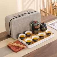 华普思旅行茶具套装 户外便携陶瓷快客杯雅黑-一壶六杯+罐巾夹+灰色包-带盘