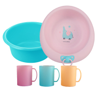 茶花三口之家漱口杯+粉色塑料盆中号+洗脸盆大号.
