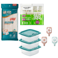 茶花冰箱保鲜盒780ml*3+棉柔抹布3片装+一次性杯子100只+花类粘钩(3个).