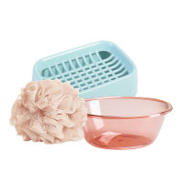 茶花双层沥水香皂盒绿+大号淋浴球(颜色随机)+透明塑料洗脸盆浅粉