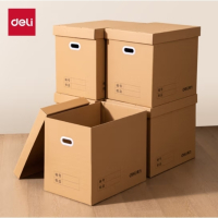 得力(deli)办公纸箱大号收纳箱储物整理箱搬家箱快递行李打包箱出游季带盖55*40*50cm[5个装]PK147