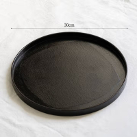 贴布漆器茶盘圆形黑色餐盘茶用茶具大漆托盘大号 黑圆盘大号 全黑 30cm