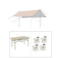 户外露营便携式帐篷 防晒防雨凉棚六角遮阳棚 4.2*5.2米 流沙金色+黄色长桌+白椅子*4
