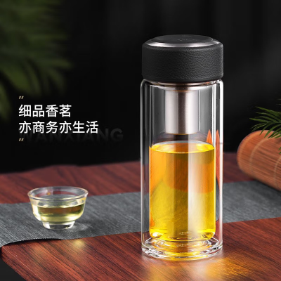 OIMG玻璃杯经典皮纹系列V21L商务办公杯双层高硼硅泡茶杯380ML家用茶杯带滤网水杯