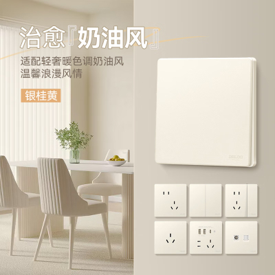 德力西(DELIXI)开关插座面板哑光磨砂大板奶油风家用86型墙壁电源插座 827银桂黄 五孔双USB插座