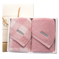 洁丽雅(grace) 纯棉绣花吸水加厚面巾毛巾两条装 74*34cm 120g/条 (单位:条)格子*1 素色*1