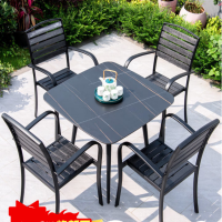 SUXINGAUTO户外桌椅庭院花园岩板餐桌桌椅露天露台阳台休闲塑木桌椅组合1桌+4椅[80CM岩板方桌]