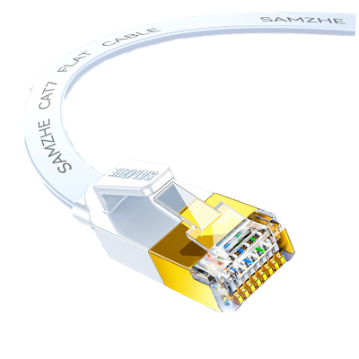 山泽(SAMZHE)七类网线 CAT7类扁平纯铜屏蔽工程网线 万兆电脑宽带家用成品跳线 扁线 白色1米CAT-701A