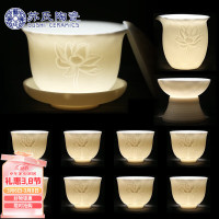 苏氏陶瓷中国白瓷茶具莲花羊脂玉功夫茶具德化陶瓷礼盒装(亚光8杯)