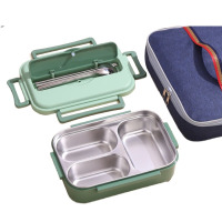 不锈钢保温饭盒3格冰川蓝+勺筷+保温袋1000ML