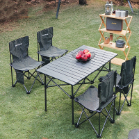 户外桌椅露营装备便携式可折叠桌椅自驾游阳台庭院桌椅 碳素钢长桌五件套[条纹]75498