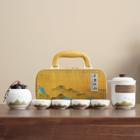 粗陶青山飞鸟中式凌雪壶套装 陶瓷家用会客泡茶茶杯 白色青山飞鸟粗陶凌雪壶6件套