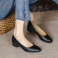 回力 羊皮黑色高跟鞋女2025新款浅口软皮粗跟面试气质工作鞋女 38码