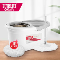 好媳妇 旋转拖把家用一拖净免手洗2024无水印托巴带桶干湿 全新升级淡雅灰+不锈钢脱水篮 2个拖把头