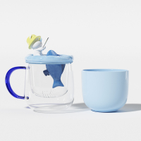 独角犀玻璃杯水杯茶水分离杯女士高颜值杯子大容量马克杯 犀仔钓大鱼 450ml 1只!