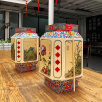 福人福地儿童手工DIY纸灯笼镂空发光DIY八角宫灯(礼盒对装)-(千里江山图+花卉图)1对装DG.22.01.03h