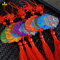 福人福地旅游纪念品创意汽车挂件民族风中国结木质福鱼复古国潮挂饰双面红 七彩小鱼挂件(蓝色)BD.20.01.01.01