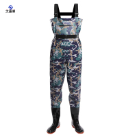 大唐御加厚pvc下水裤雨裤带雨鞋全身浇地水裤鞋一体连体防水服赶海装备 蓝花纹-护膝双防护 47
