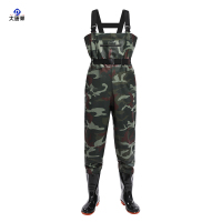 大唐御加厚pvc下水裤雨裤带雨鞋全身浇地水裤鞋一体连体防水服赶海装备 绿花纹-护膝双防护 45