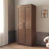 麦叶衣柜卧室实木收纳柜置物架挂衣杆平开门储物胡桃色80cm两门衣柜