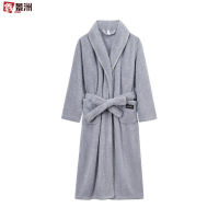 鑫景洲睡袍女秋冬季珊瑚绒男士浴袍情侣睡衣套装加长款浴衣加厚冬天 男-浅灰翻领抽条浴袍 XL