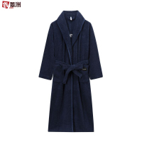 鑫景洲睡袍女秋冬季珊瑚绒男士浴袍情侣睡衣套装加长款浴衣加厚冬天 男-藏青翻领抽条浴袍 XL