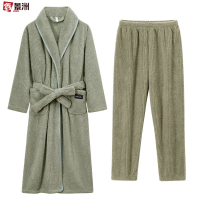 鑫景洲睡袍女秋冬季珊瑚绒男士浴袍情侣睡衣套装加长款浴衣加厚冬天 男-松绿翻领浴袍+裤子 XL