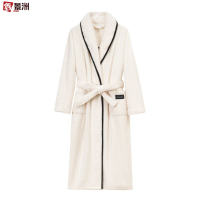 鑫景洲睡袍女秋冬季珊瑚绒男士浴袍情侣睡衣套装加长款浴衣加厚冬天 女-米白色翻领抽条浴袍 L