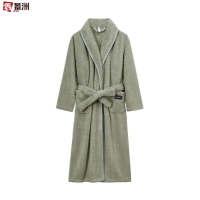 鑫景洲睡袍女秋冬季珊瑚绒男士浴袍情侣睡衣套装加长款浴衣加厚冬天 女-松绿翻领抽条浴袍 L