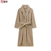 鑫景洲睡袍女秋冬季珊瑚绒男士浴袍情侣睡衣套装加长款浴衣加厚冬天 女-驼色翻领抽条浴袍 L