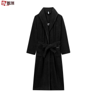 鑫景洲睡袍女秋冬季珊瑚绒男士浴袍情侣睡衣套装加长款浴衣加厚冬天 女-黑色翻领抽条浴袍 L