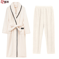 鑫景洲睡袍女秋冬季珊瑚绒男士浴袍情侣睡衣套装加长款浴衣加厚冬天 女-米白色翻领浴袍+裤子 L
