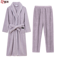 鑫景洲睡袍女秋冬季珊瑚绒男士浴袍情侣睡衣套装加长款浴衣加厚冬天 女-罗兰紫翻领浴袍+裤子 L