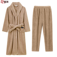鑫景洲睡袍女秋冬季珊瑚绒男士浴袍情侣睡衣套装加长款浴衣加厚冬天 女-驼色翻领浴袍+裤子 L