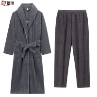 鑫景洲睡袍女秋冬季珊瑚绒男士浴袍情侣睡衣套装加长款浴衣加厚冬天 女-深灰翻领浴袍+裤子 L