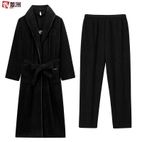 鑫景洲睡袍女秋冬季珊瑚绒男士浴袍情侣睡衣套装加长款浴衣加厚冬天 女-黑色翻领浴袍+裤子 L