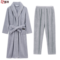鑫景洲睡袍女秋冬季珊瑚绒男士浴袍情侣睡衣套装加长款浴衣加厚冬天 女-浅灰翻领浴袍+裤子 L