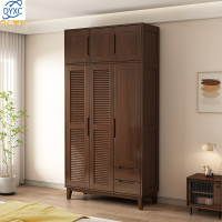 点云星辰实木橱柜百页格栅衣柜家用卧室储物柜现代简约床边带顶柜衣架衣橱-三门衣柜+顶柜[胡桃色]柜现代简约床边带