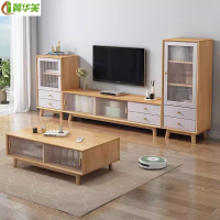 冀华美简约北欧实木电视柜组合厅柜客厅伸缩高低柜酒柜一体影视背景墙柜 原木色+白色 1.8米电视柜+高柜+矮柜+茶几