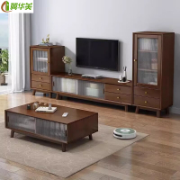 冀华美简约北欧实木电视柜组合厅柜客厅伸缩高低柜酒柜一体影视背景墙柜 胡桃色 1.8米电视柜+高柜+矮柜+茶几