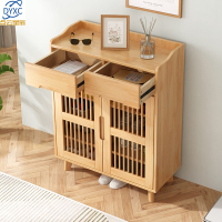 点云星辰实木橡胶木透气鞋柜家用门口出租房三门收纳鞋架入户带抽鞋柜简约 80cm双抽款-原木色