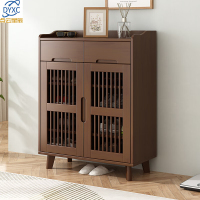 点云星辰实木橡胶木透气鞋柜家用门口出租房三门收纳鞋架入户带抽鞋柜简约 80cm双抽款-胡桃色