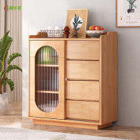 冀华美餐边柜靠墙置物柜餐边桌茶水柜实木收纳柜推拉门储物柜简约四抽柜 [单门四抽]原木色 实木桌面