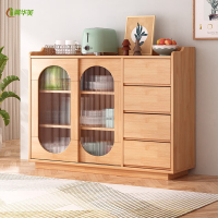 冀华美餐边柜靠墙置物柜餐边桌茶水柜实木收纳柜推拉门储物柜简约四抽柜 [双门四抽]原木色 实木桌面
