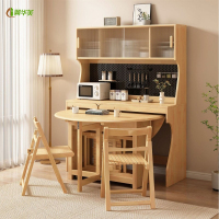 冀华美实木餐边柜靠墙一体储物柜家用可折叠餐桌椅置物柜组合餐厅家具 无折叠椅 单折叠圆桌[原木色]1350*750mm