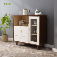 冀华美北欧实木餐边柜餐厅多功能橱柜厨房微波炉柜子客厅茶吧机茶水柜子 胡桃+白色 1000*400*985mm