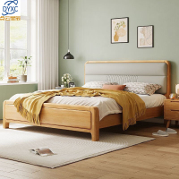 点云星辰实木床橡胶木现代简约双人软靠床USB充电小夜灯卧室床 单床 1.2*2米框架结构/原木色