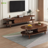 冀华美实木茶几电视柜组合 北欧家用客厅小茶桌落地橡胶木 胡桃色 茶几 1200*600*400mm