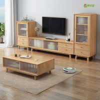 冀华美全实木电视柜茶几组合日式现代简约小户型卧室客厅地柜 原木色 高边柜