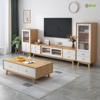 冀华美北欧实木电视柜茶几组合现代简约客厅高低边柜组合储物柜 原木+白色 高边柜 500*400*1300mm